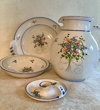 Keramik handbemalt 8-teilig, Blumen Dekor, Krug, Wandteller, Kerzenhalter