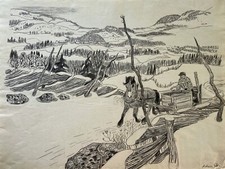 Karl Adser 1912-1995 Zeichnung Nordische Winterlandschaft mit Pferdeschlitten