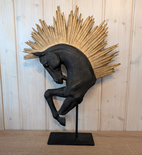 Gold Sunburst Horse Sculpture, Black Modern Art Deco Statue, Elegant Statement