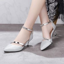 Kitten Heels Knöchelriemchen Pumps Spitz Glitzer Riemchen Hochzeit Brautschuhe