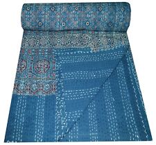 Blue Ajrakh Print Patchwork Queen Cotton Kantha Quilt Throw Indian Bedspread Art