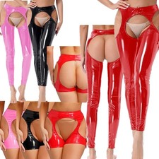 DE Damen Wetlook PU Leather Hose Leggings Tights Open Crotch Butt Dessous Club