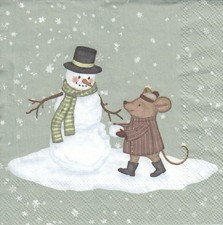 3 Cocktail Papier Servietten Napkins (G1.3)  Maus baut einen Schneemann