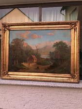 Riesiges Antikes Ölgemälde Leinwand Landschaft Prunkrahmen signiert