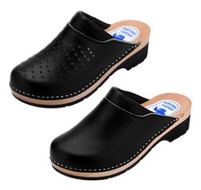 Exklusive Schweden Leder Holz Clogs Holzschuhe Sommer Sandalen schwarz Gr.35-42