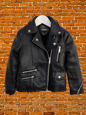 ZARA SCHWARZE BIKERJACKE MANTEL ALTER 4-5 JAHRE MÄDCHEN FREIZEIT REISSVERSCHLUSS KUNSTFELL GEFÜTTERT 11OCM
