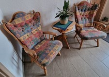 Massivholz-Garnitur skand. Landhausstil - 2 Polster-Stühle, Truhenbank + Tisch