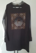 Damen Kleid Tunika Schwarz Zirkonia Spitze Kapuze Taschen Gr . 36 / S Pailletten