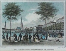 Der Alte und Neue Jungfernstieg in Hamburg. Kolorierter Stahlstich v Joh. Poppel