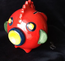 Vintage Keramik Sparbüchse Spardose Rot Bunt Form Fisch mit Schlüssel