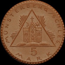 NOTGELD: 5 Mark, Porzellan. "HERZOG BOLKO". MÜNSTERBERG / SCHLESIEN ⇒ ZIĘBICE.