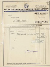 Rechnung Aue Simon Gebrüder Wäschefabriken Kleidung Winzrieth Rotenfels 1929