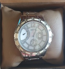 GUESS Uhr Damen Armbanduhr Groß Edelstahl Weiß Strass Perlmutt