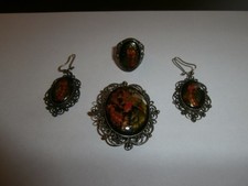 Russischer Palekh Schmuckset. Brosche, Ring, Ohrringe