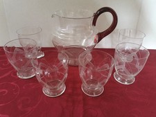 Antik 30er Art déco Gravur Saftservice Glaskanne roter Griff & 6x Glas Gläser