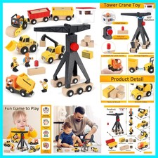 Bauspielzeug Kinder Holz Baustelle Spielset Magnetische Fahrzeuge Kran Bagger