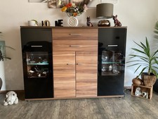 Highboard Anrichte Kommode Sideboard, LED Beleuchtung, Nussbaum Schwarz