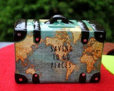 Spardose " Reisekoffer "...Glasierte Keramik...Gummiöffnung unten...Bunt