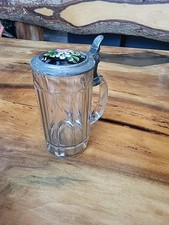 Bier Krug Glas Porzellan Zinn Deckel Malerei Bild Orig. Handarbeit Antik