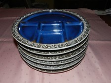 6 Teller Fondue Raclette Antipasti, blau, Steingut, 70iger od. früher [2298]