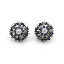 1 Paar Ohrringe Clips mit Perlen und Safiren in 18 Kt. 750 Weißgold