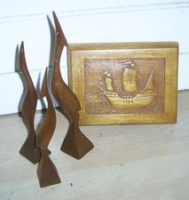 Kraniche Vögel Reiher vintage 50s Handarbeit Dose Schmuckdose Holz Kogge Schiff