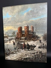 Winterlandschaft Öl auf Holz Antik 19Jh Figuren Schnee Burg Szene Gemälde antik