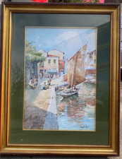 ::AQUARELL BOOTE AM UFER °UNLESERLICH SGNIERT ITALIEN VENEDIG KANAL MENSCHEN