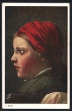 Künstler-AK Fr. Rösler: August Roeseler: Fr. Rösler: Mädchenporträt mit rotem K 
