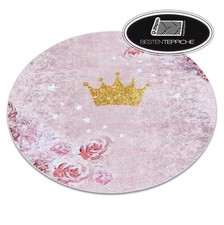 Moderne Waschbarer Kinderteppich Kreis JUNIOR für Kinder Krone rosa Anti-Rutsch