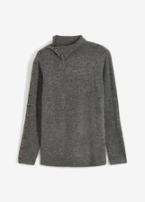 Pullover Gr. 36/38 Anthrazit Damenpullover Strick-Pulli mit Knopfleiste Neu*