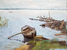Gemälde: Kahn im Bodden, Ostsee, Boot, Ufer, Darß, signiert, Boddenkahn
