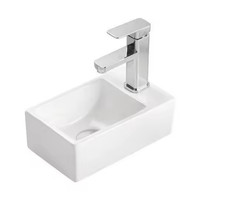 Garderobe Waschbecken Spüle Keramik Wandgehängt Mini Kompakt RH Wasserhahn Loch 310x190mm