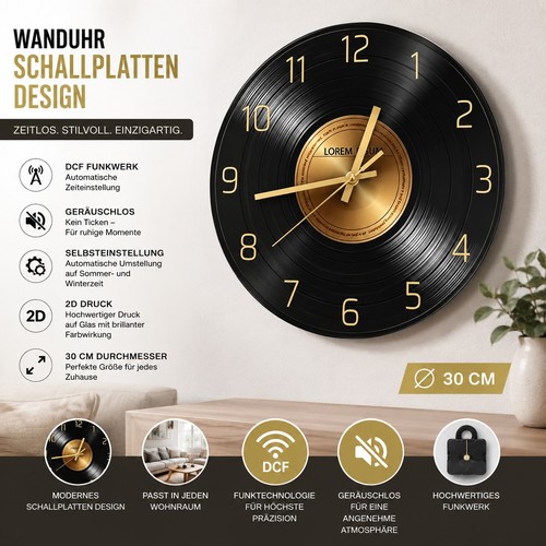 Wanduhr glas schallplate - wanduhr,