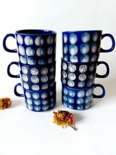 6 Melitta Kopenhagen Kaffeetassen - blau mit Punkten- 70er-Geschirr Vintage