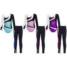 Mädchen Turnanzug Glitzer Langarm Gymnastik Leotard mit Lange Hose Tanz Kostüm