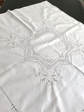 Antik Tischdecke 84 x 80 weiß Baumwolle Stickerei Hardanger Hohlsaum