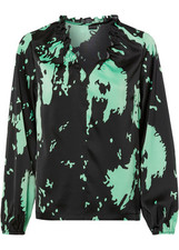 Satin-Bluse Gr. 44 Schwarz/Hellgrün Bedruckt Damentop Tunika Shirt Langarm Neu*