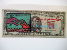 A. WARHOL/K. HARING/J.M. BASQUIAT: 5Dollar 3x ORIGINAL SIGNIERT, AMTL. ST. 1977