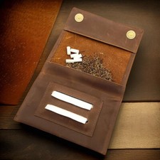 echt Leder Tabakbeutel Tabaktasche Tabak Etui Beutel mit Blättchen Fach braun