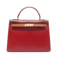 HERMES Kelly 32 Tricolor Shoulder Handbag leather rouge vif H natural used GHW Q
