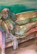 Malerin Brigitte Tietze Berlin Ölgemälde Weiblicher Akt auf einem Sofa Cafe #317