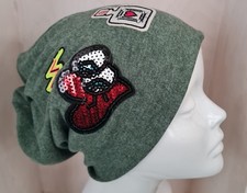 BEANIE MÜTZE Longbeanie  Chemo Weich 2 In 1, Grün Uni Mit Applikationen 