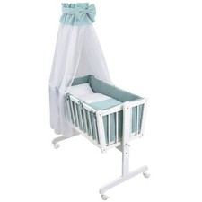 Babywiege Schaukelwiege Holz Weiß Bettset Mint Musselin Waffelpique komplett