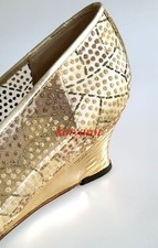 Brunella Pumps Abendschuhe Keil Absatz Handarbeit Leder + Netz Glitzer in Gold