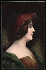 Künstler-AK Damenporträt mit goldenem Kleid, Jugendstil 