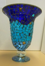 Glasblumenvase POKAL, MOSAIK STIL, Blau/Türkis, Dm22xH27cm, unbenutzt! SELTEN!