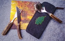  Altes Jagdbesteck 3tlg. Hirschhorngriffe m.Filztasche M17,7G17L17,5cm  (13)