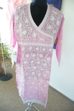 Tunika, indisch, rosa, weiße Kurbelstickerei, Gr. M, knielang, Langarm, Schlitze