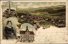 Litho Zell am Harmersbach, Wallfahrtskirche, Rathaus, Tracht, Wappen - 4265337